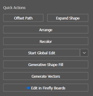 The Properties panel's Quick Actions section, listing AI-related buttons: Offset Path, Expand Shape, Arrange, Recolor, Start Global Edit, Generative Shape Fill, Generate Vectors, and Edit in Firefly Boards.