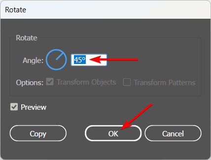 The Rotate dialog box, with the Angle field set to 45 degrees and a live circular angle preview, and the OK button highlighted.
