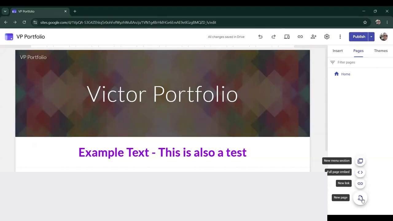 The real Google Sites Pages tab, showing the site's page list (just Home so far) and floating buttons for New page, New link, Full page embed, and New menu section