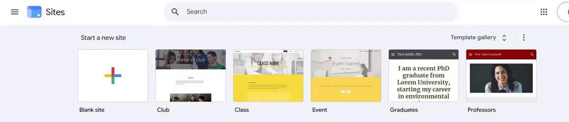 The real Google Sites start screen, showing a row of site templates: Blank site, Club, Class, Event, Graduates, and Professors