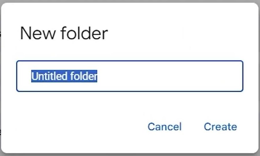 The real Google Drive New folder dialog, with the default name Untitled folder highlighted, ready to be renamed
