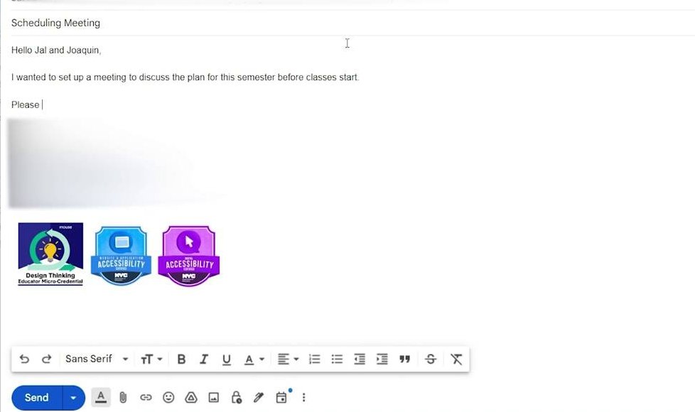 A real Gmail draft in progress, with the subject line Scheduling Meeting, a greeting to two named recipients, and an opening sentence stating the purpose of the email